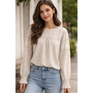 Anna Sui Top L White Gray Floral Long Sleeve Boho Peasant Dainty